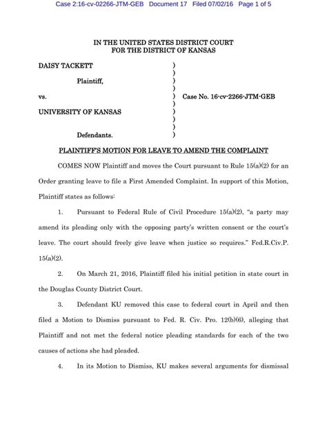 Document: <b>Motion</b> <b>for</b> <b>leave</b> <b>to</b> amend the <b>complaint</b> (Jan. . Motion for leave to file amended complaint